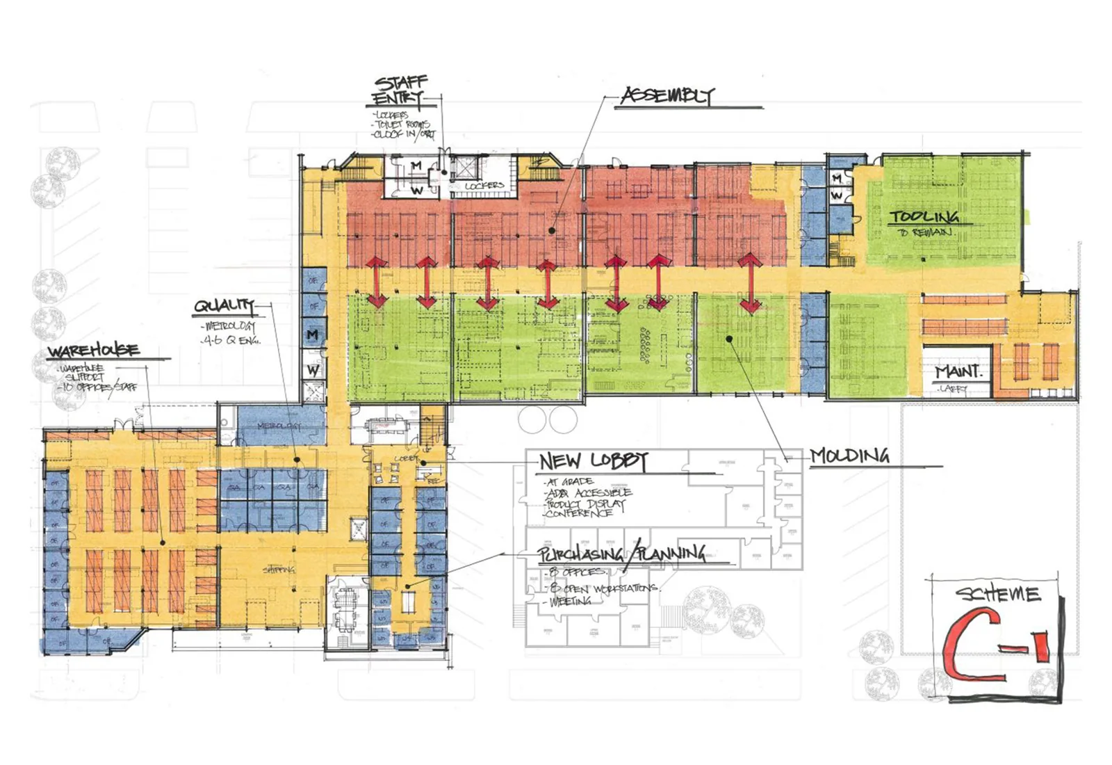 Hand-drawn architectural floor plan sketch with color-coded zones and handwritten labels for an industrial facility.