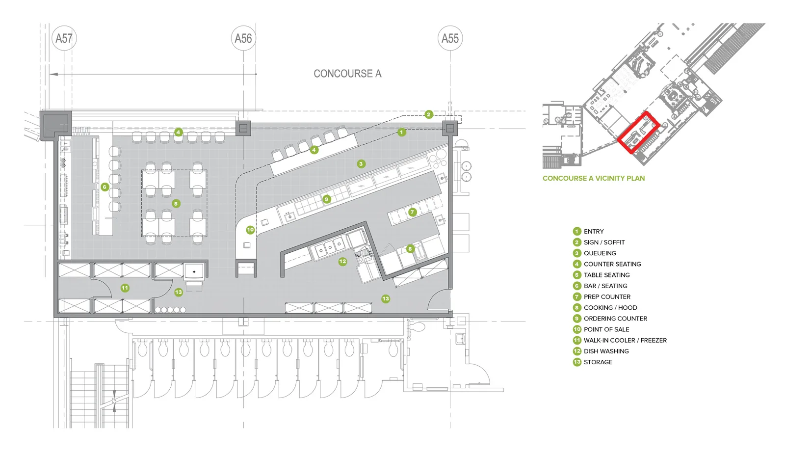 Architectural floor plan drawing of a restaurant layout in Concourse A with a numbered legend.
