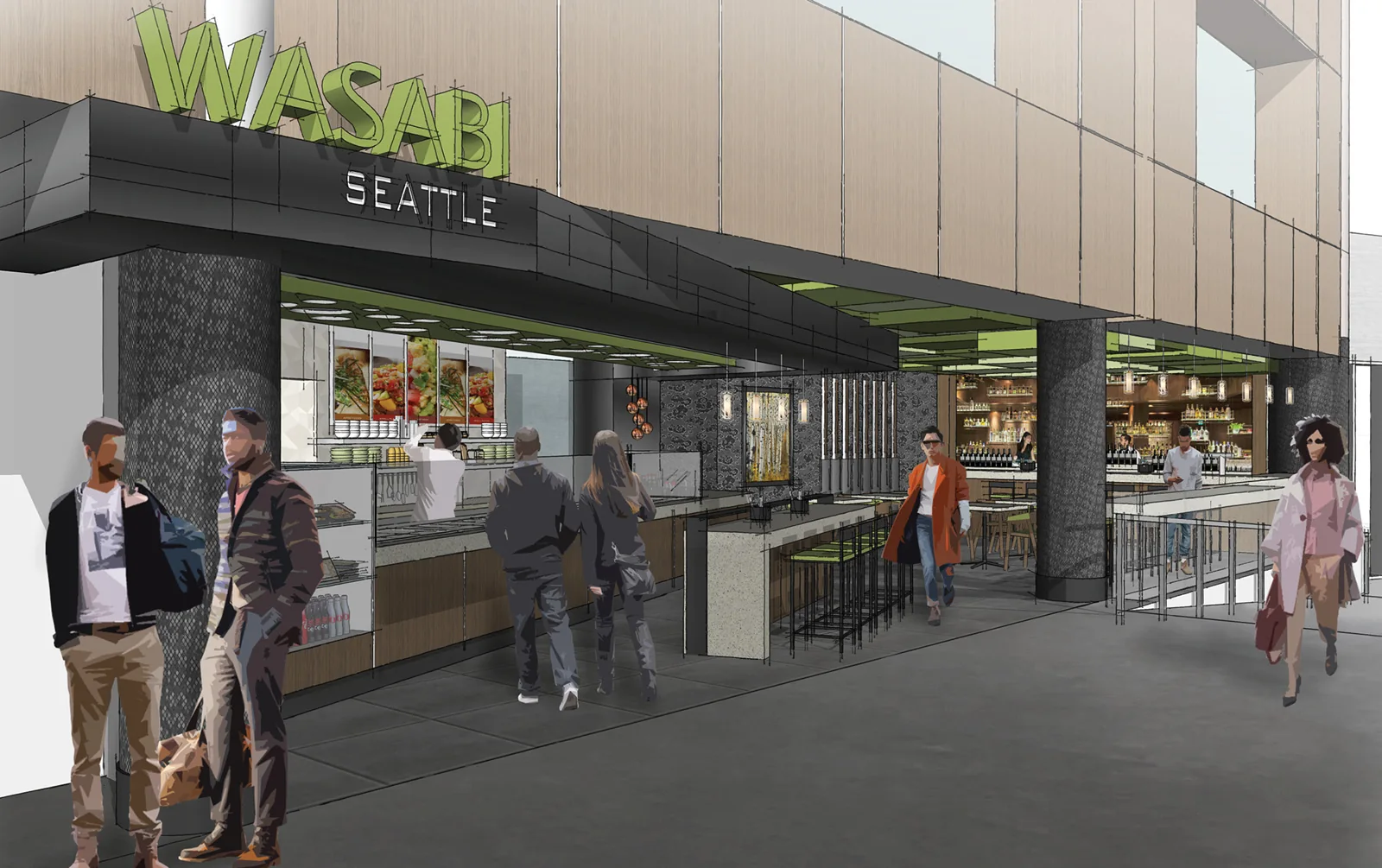Architectural rendering of a modern open-air restaurant storefront with green Wasabi Seattle signage.