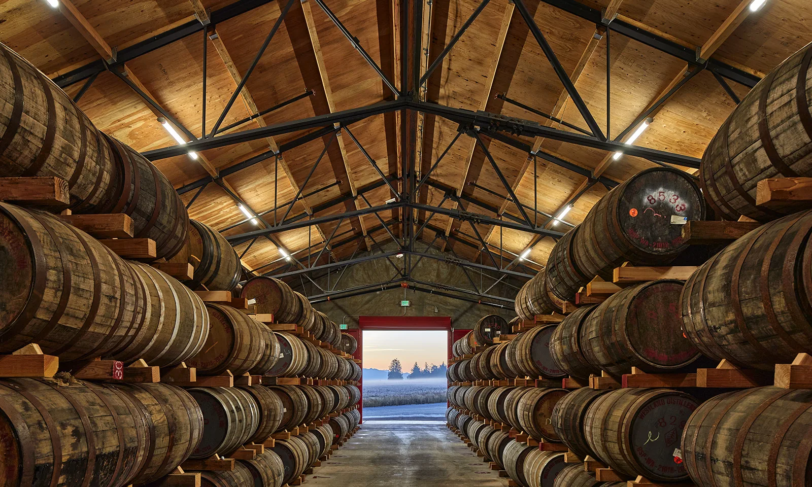 Rows of wooden whiskey barrels stacked in a rustic rackhouse with exposed timber trusses and an open doorway.
