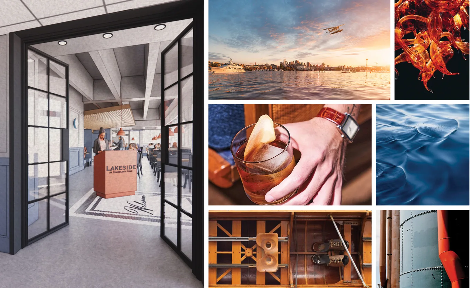 Mood board collage featuring a restaurant interior rendering, a seaplane at sunset, a cocktail, and water textures.