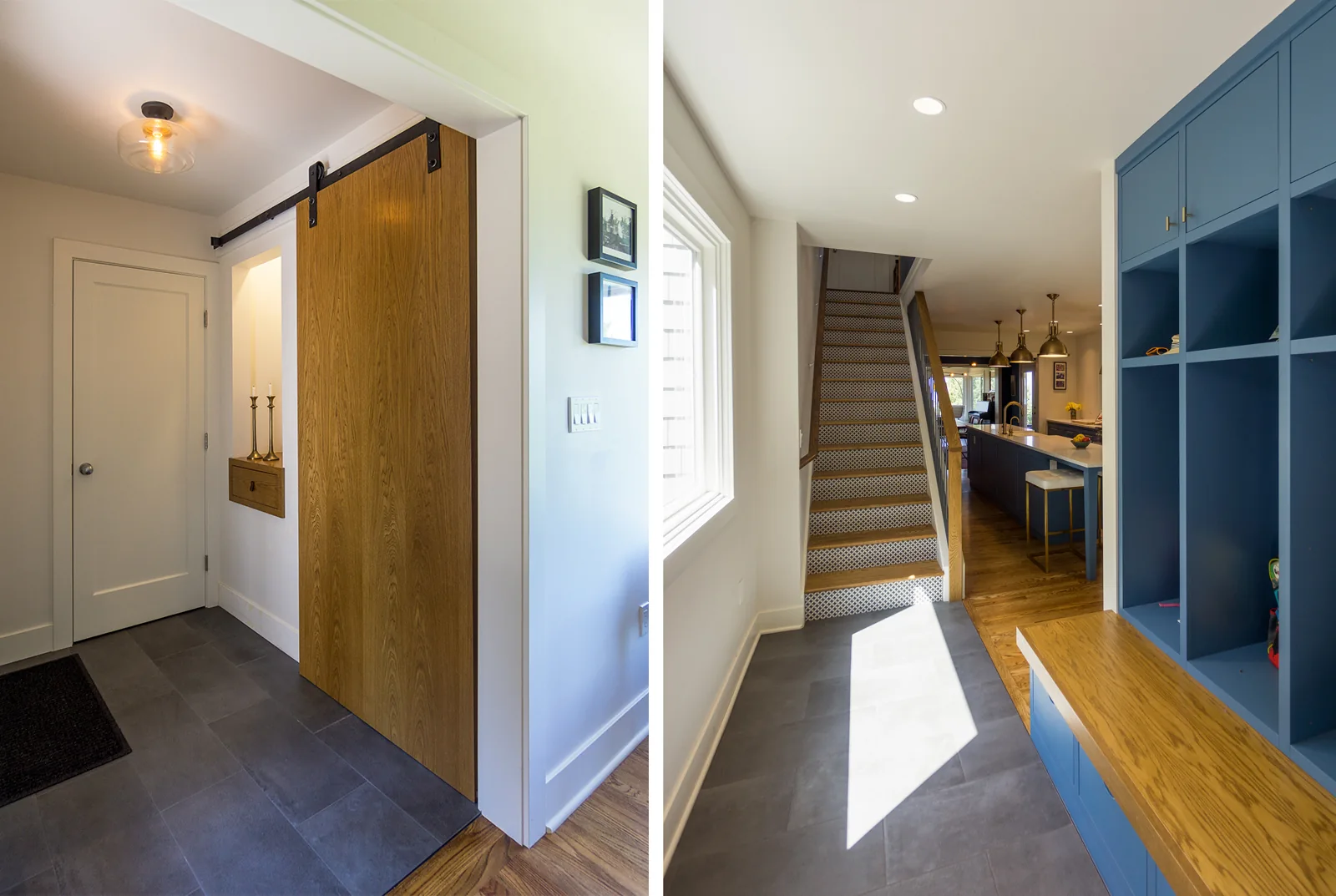 Entryway views showing a wooden sliding barn door, dark slate tile flooring, and blue built-in mudroom cubbies.