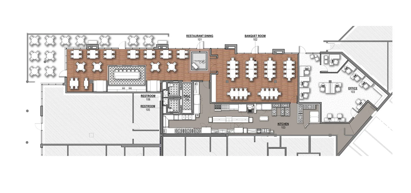 Architectural floor plan of a restaurant and banquet space, showing dining tables, kitchen, and office layouts.