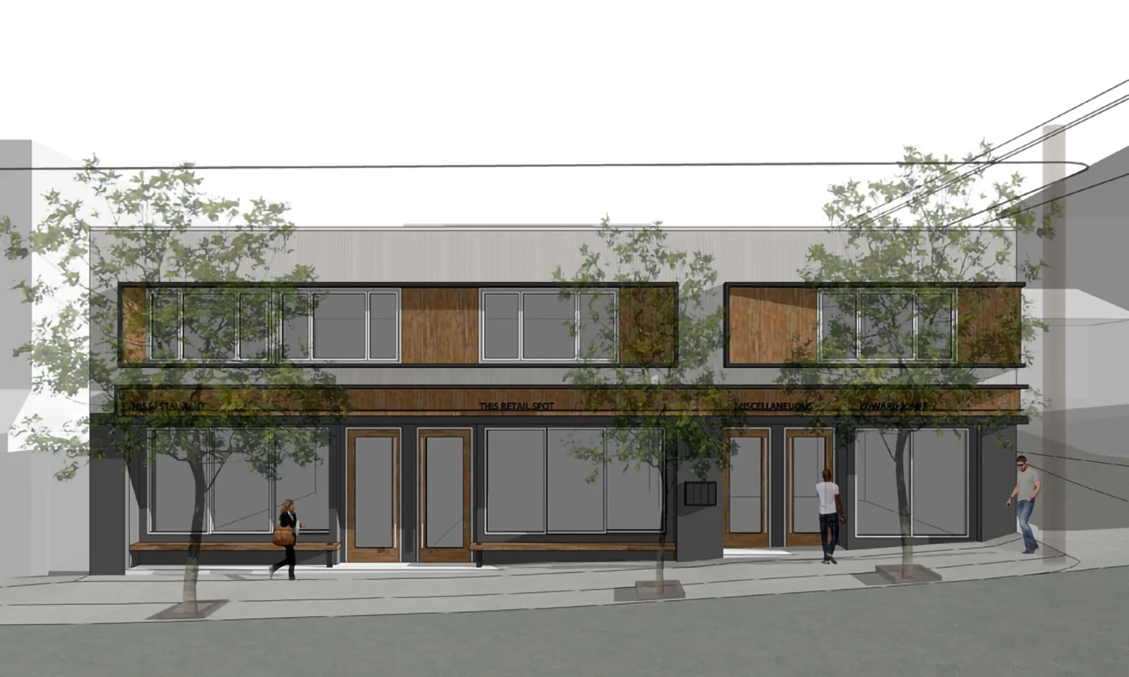 Architectural rendering of a modern two-story storefront with wood paneling, large windows, and street trees.
