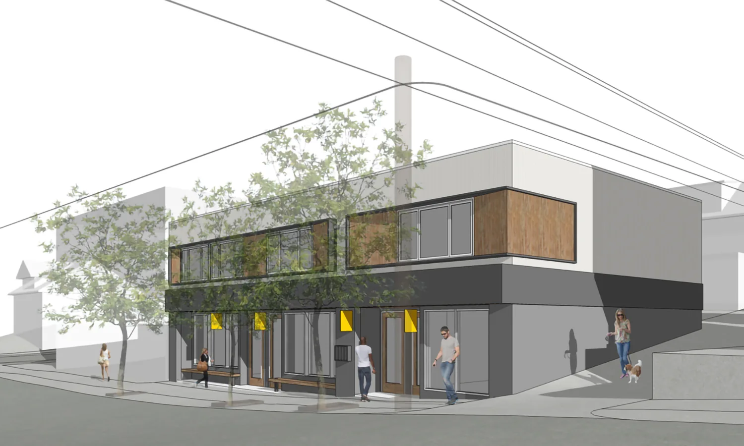 Architectural rendering of a modern two-story building featuring wood-paneled upper windows and a grey storefront.