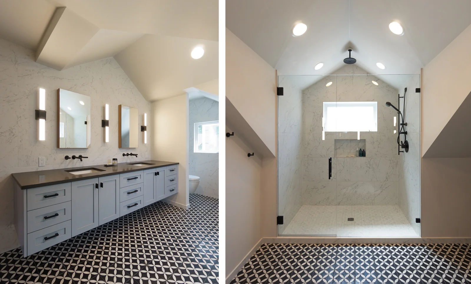 Modern primary bathroom with a light blue vanity, marble walls, glass shower, and black-and-white patterned floor.