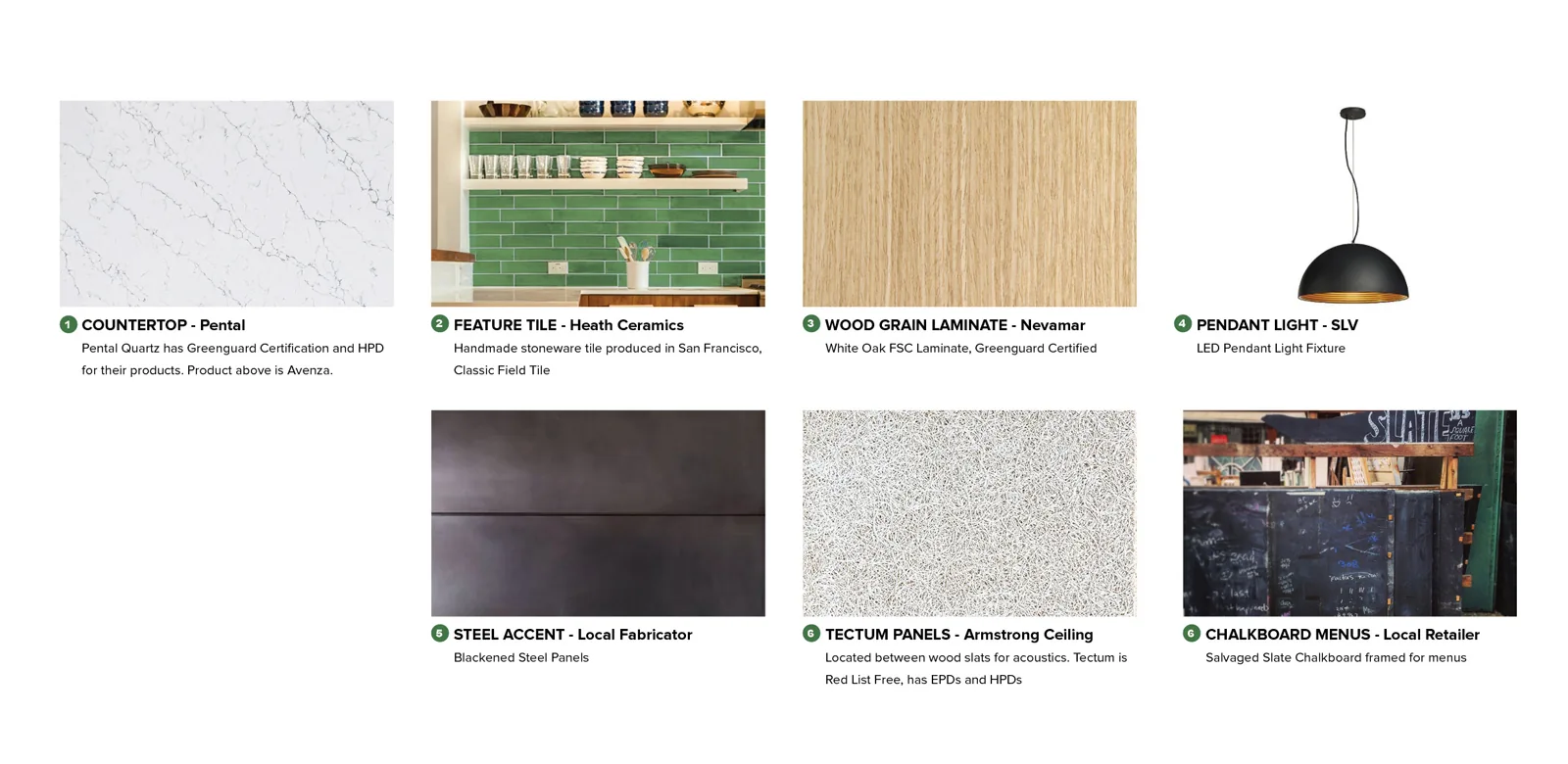 Material board displaying interior design finishes like quartz, green tile, wood laminate, and a black pendant light.