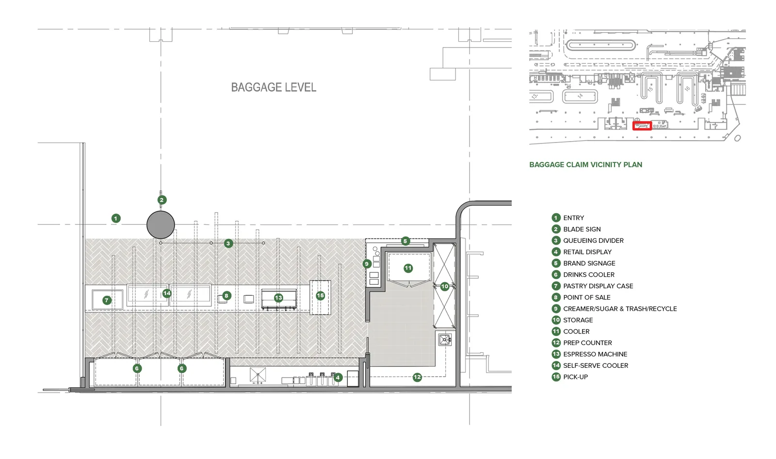 Architectural floor plan of an airport cafe kiosk, showing layout details and a numbered legend.
