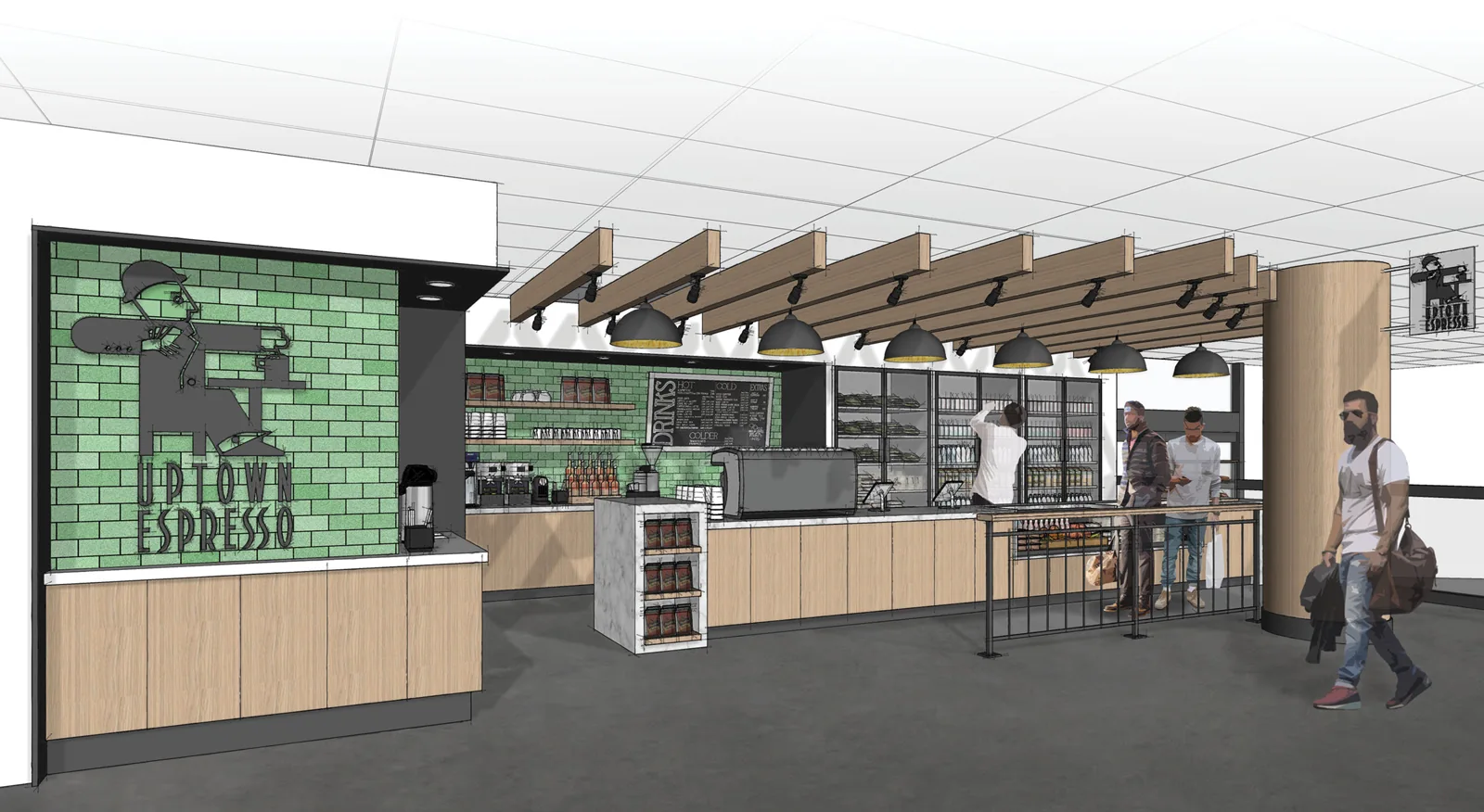 Architectural rendering of a modern cafe interior with green tile, wood counters, and exposed ceiling beams.